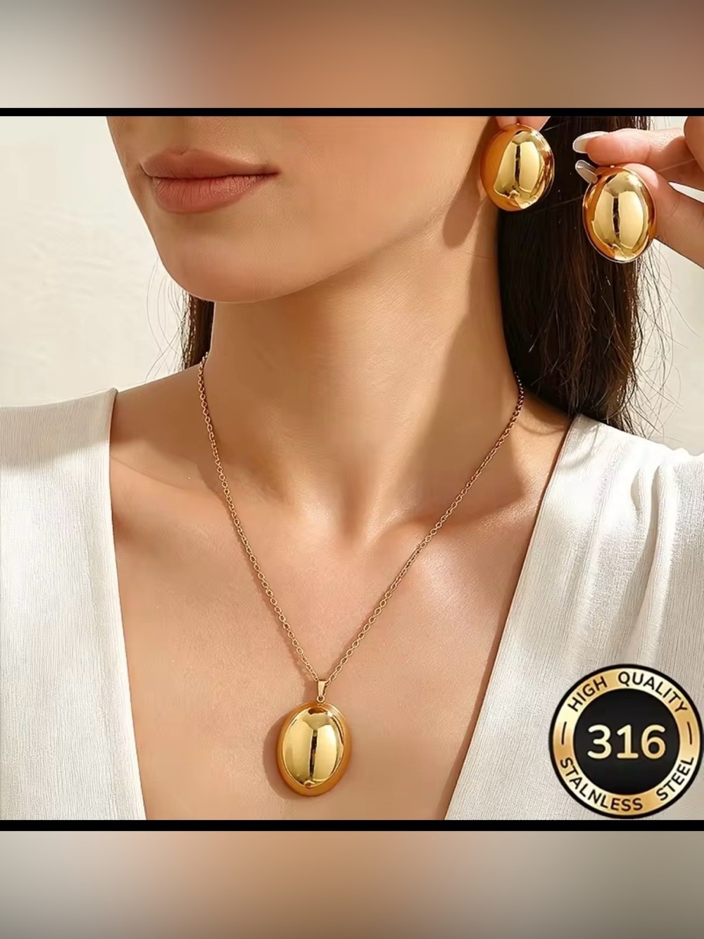 18k Gold plated stainless steel  Necklace and Stud Earrings Set